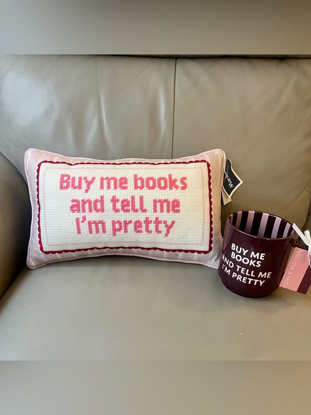 Buy me books & tell me I’m pretty decorative set- Needlepoint Pillow & Mug NWT